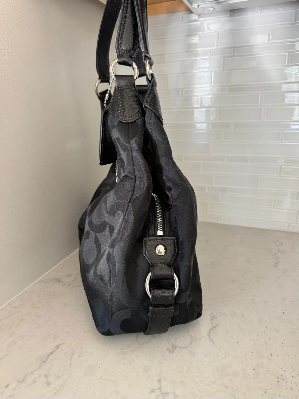 Coach Black Signature Jacquard Hobo Shoulder Bag with Silver Hardware